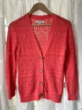LOFT Coral Openwork V-Neck Button Cardigan